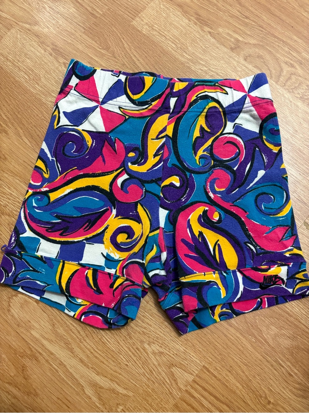 Vintage Nike Women’s Vibrant Abstract Swirl Bike Shorts in Pink, Blue & Yellow